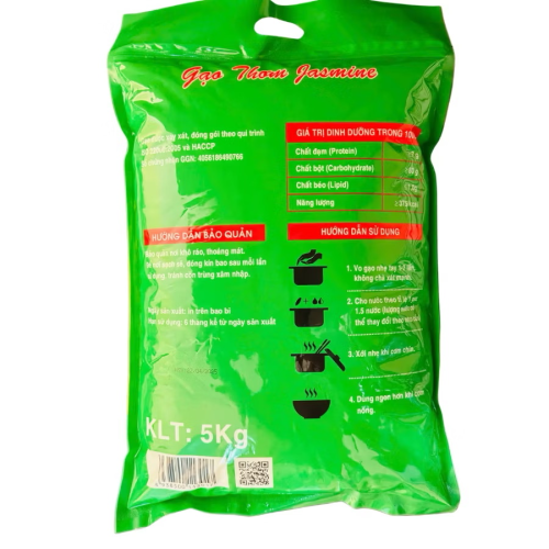 Gạo Lài Thơm JASMINE Mềm, Dẻo Xốp-Gạo Sạch TRUNG AN - Túi 5kg