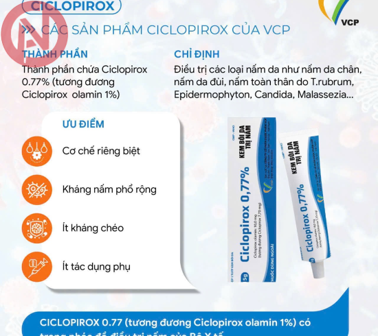 Kem Bôi Ciclopirox 0,77% Điều trị bệnh nấm da (Tuýp 15g)